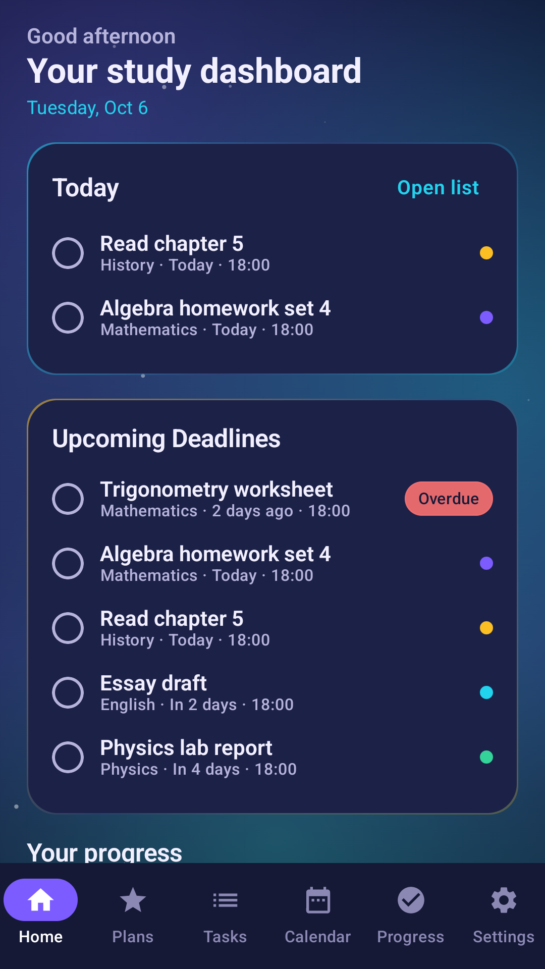 Bright Study Planner dashboard