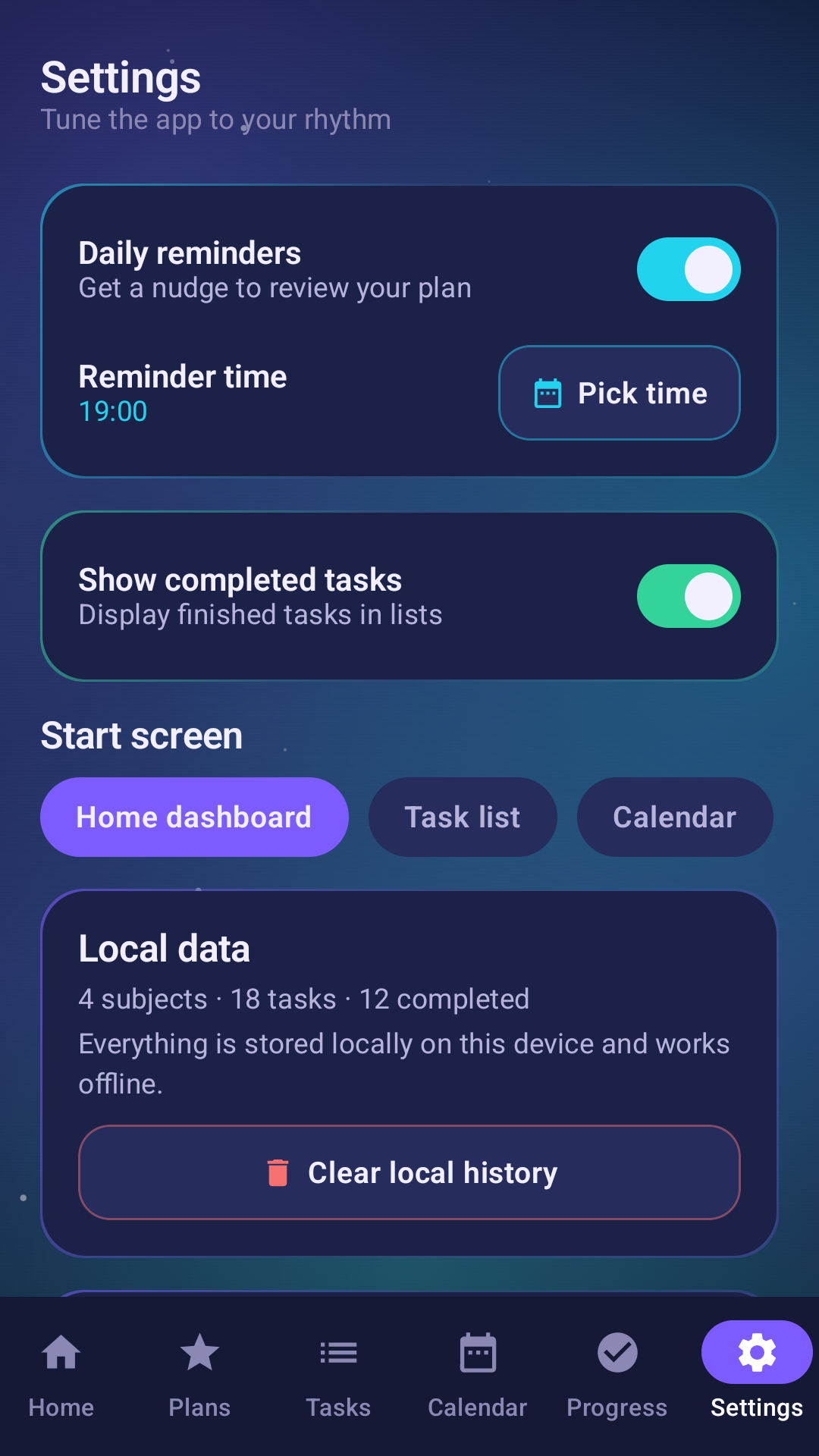 Bright Study Planner settings